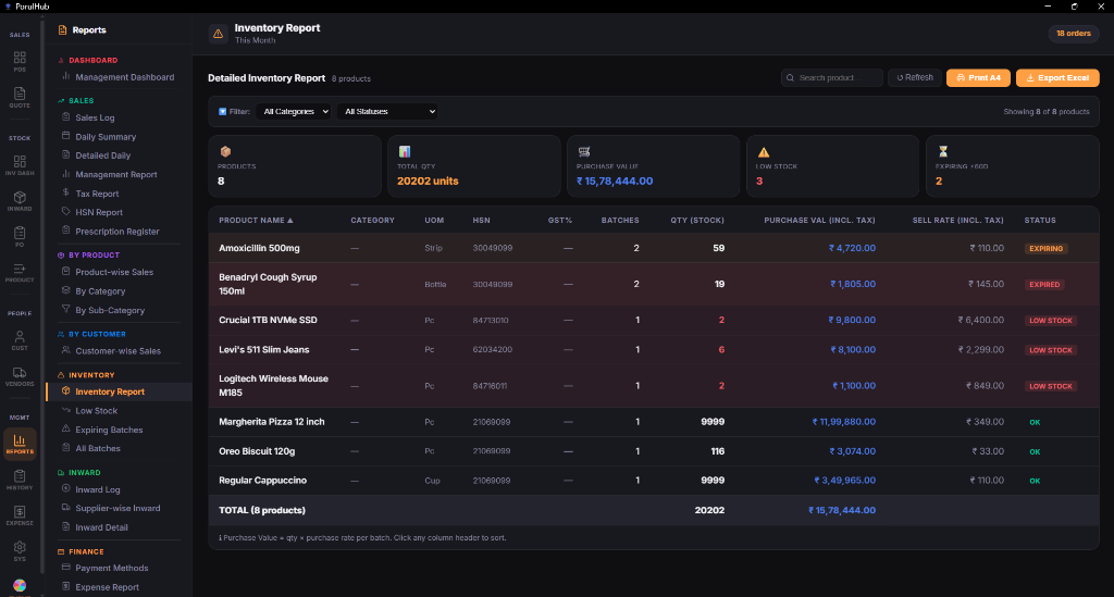 PorulHub Inventory Stock Report - Automated Safety Limits & Batch Details